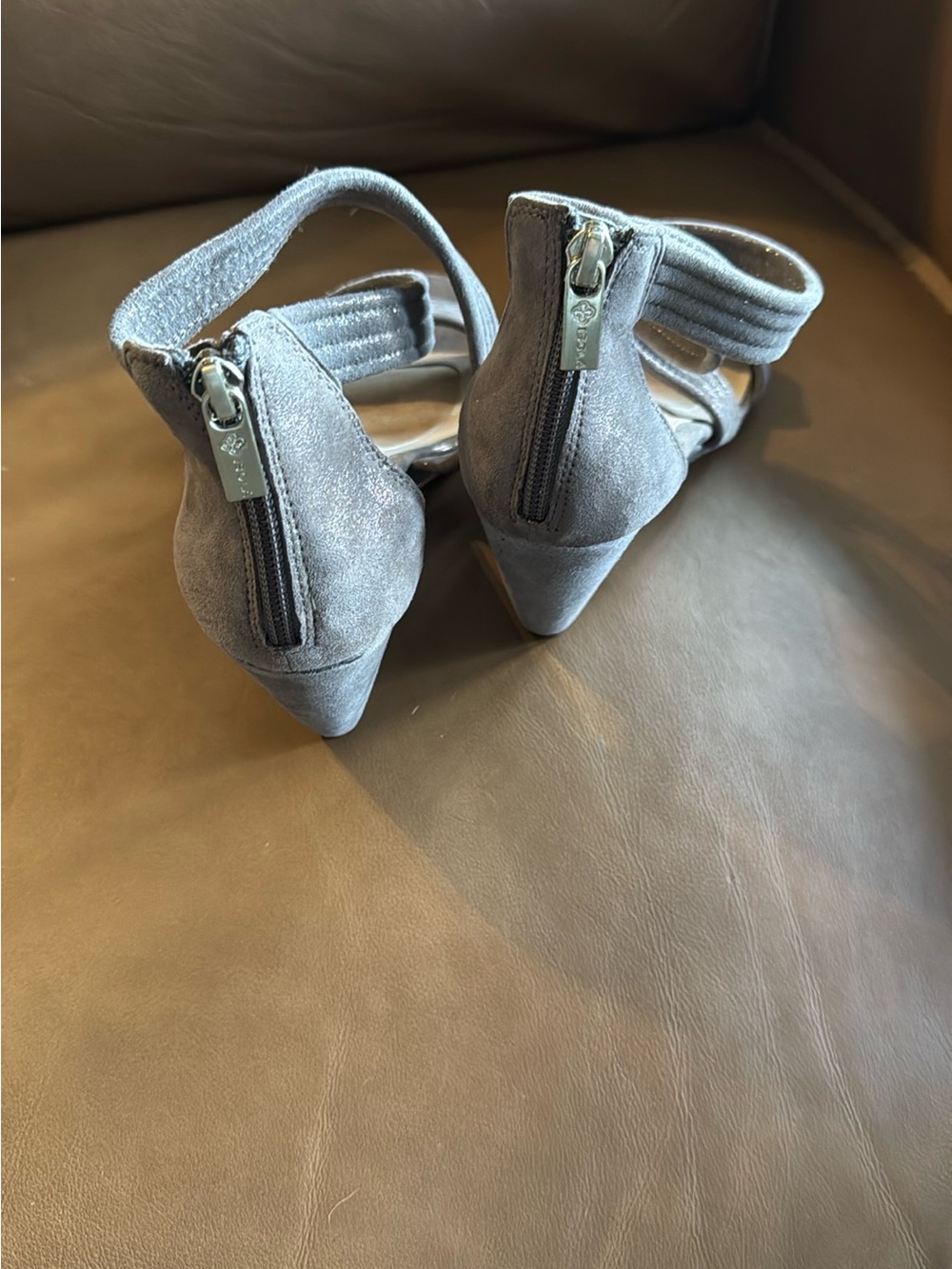 Isola GrayTaupe Suede Strappy Back-Zip Heels